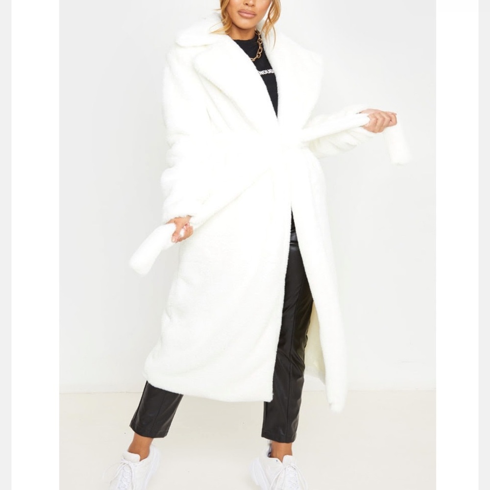 PLT Cream belted faux fur coat